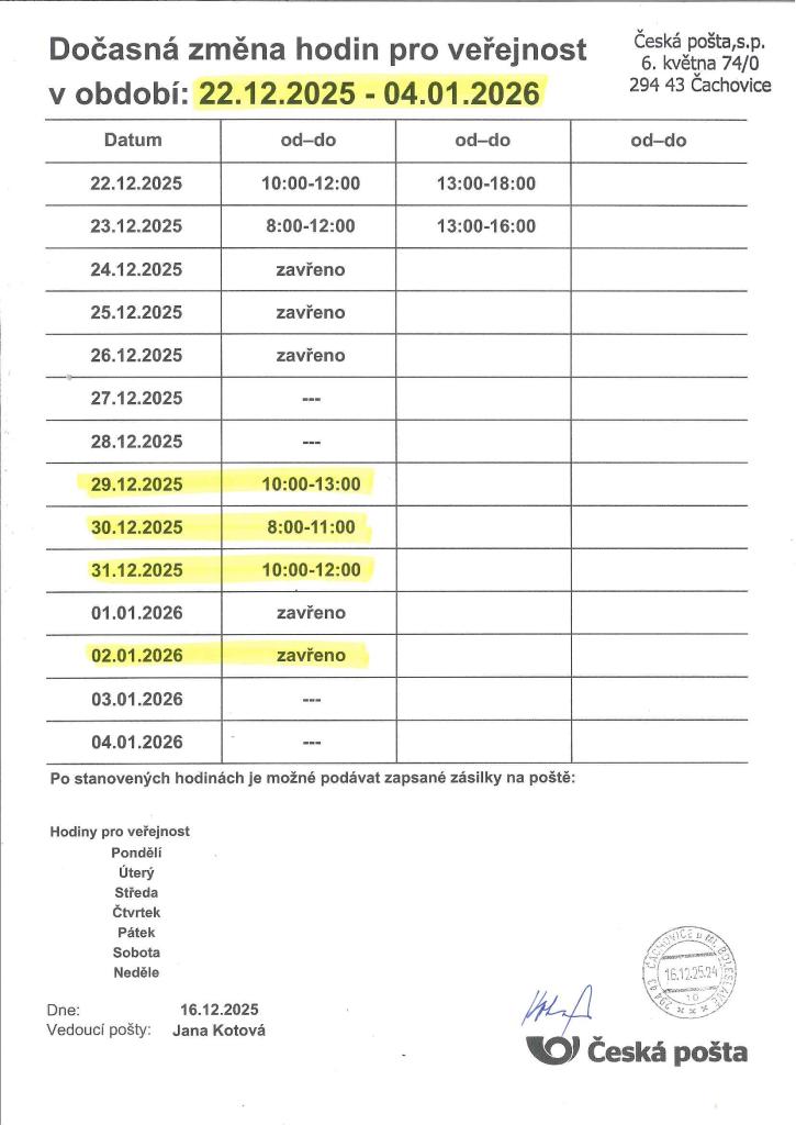 Otevírací doba pošty Čachovice